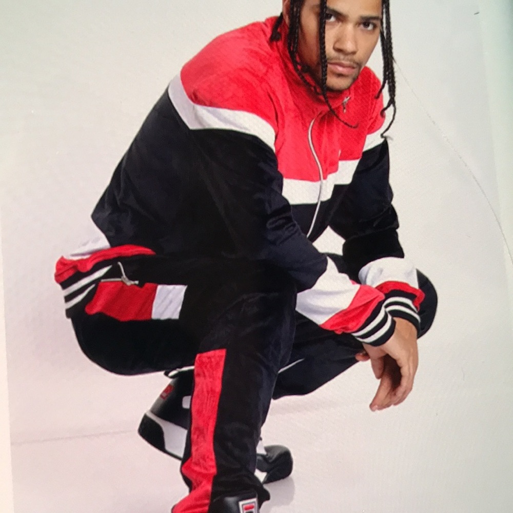 ORIGINAL FABLES Men’s Current Mood Velour Jogger Outfit Red White and Black